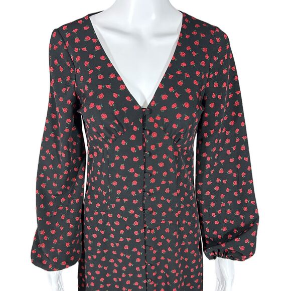 Topshop Women's Black/Red Rosette Print V Neck Long Sleeve Maxi Dress Size 2 - Picture 2 of 16